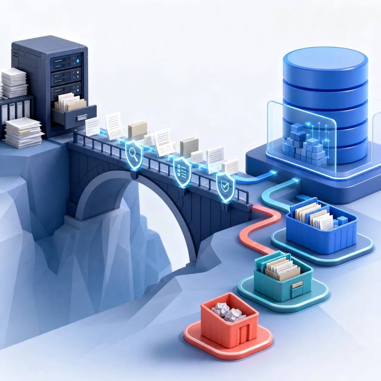 Legacy data migration workflow showing source discovery, archival decisions, mapping, test waves and controlled decommissioning