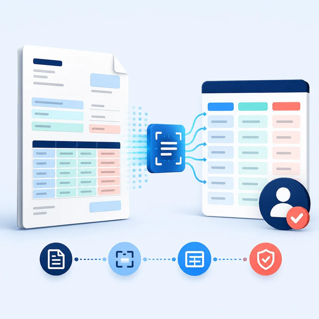 OCR data extraction workflow linking supplied documents, extracted fields, confidence thresholds, human review and structured export