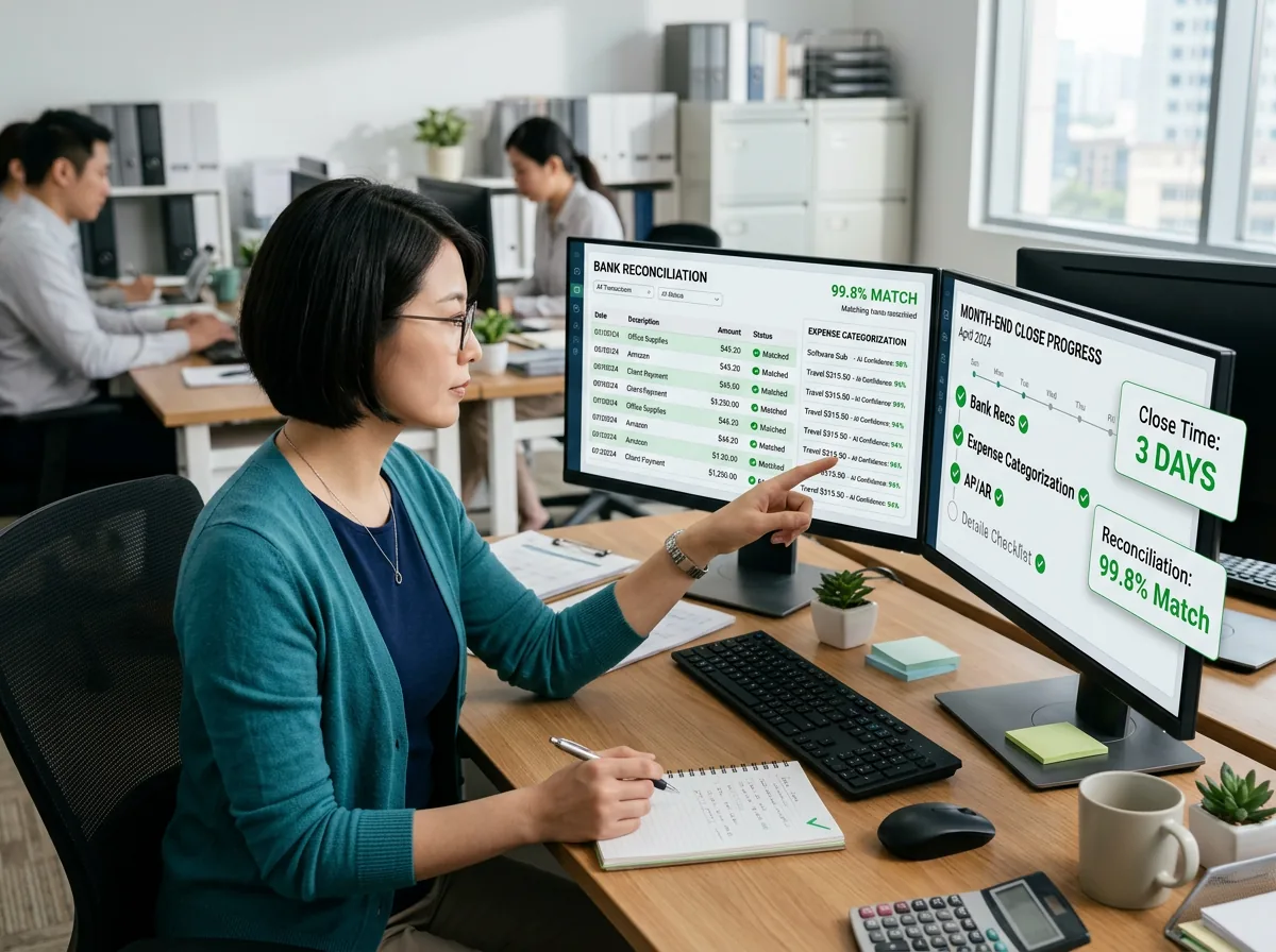 Accounting automation dashboard showing automated bank reconciliation and financial reporting workflows