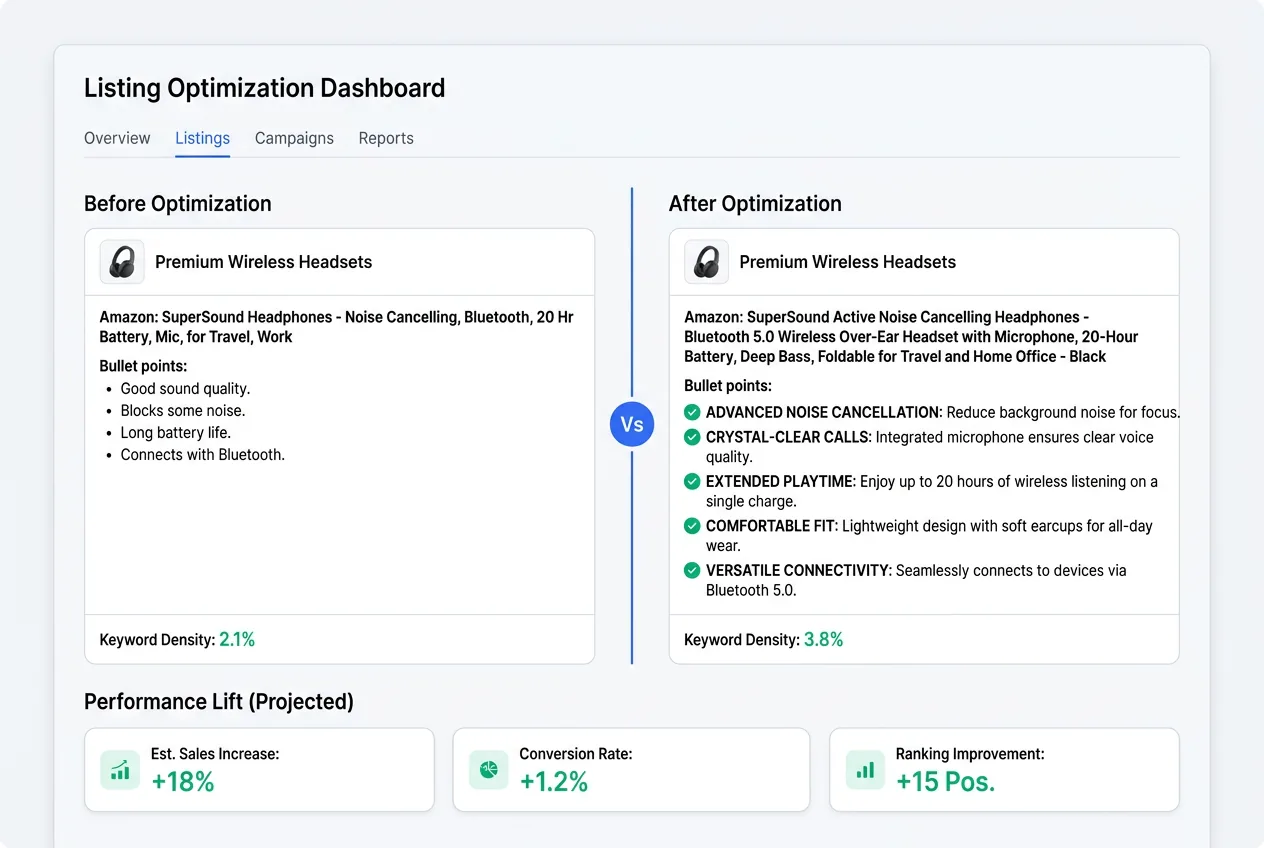 Before and after comparison of an Amazon listing showing improved title structure, keyword density, and bullet point formatting