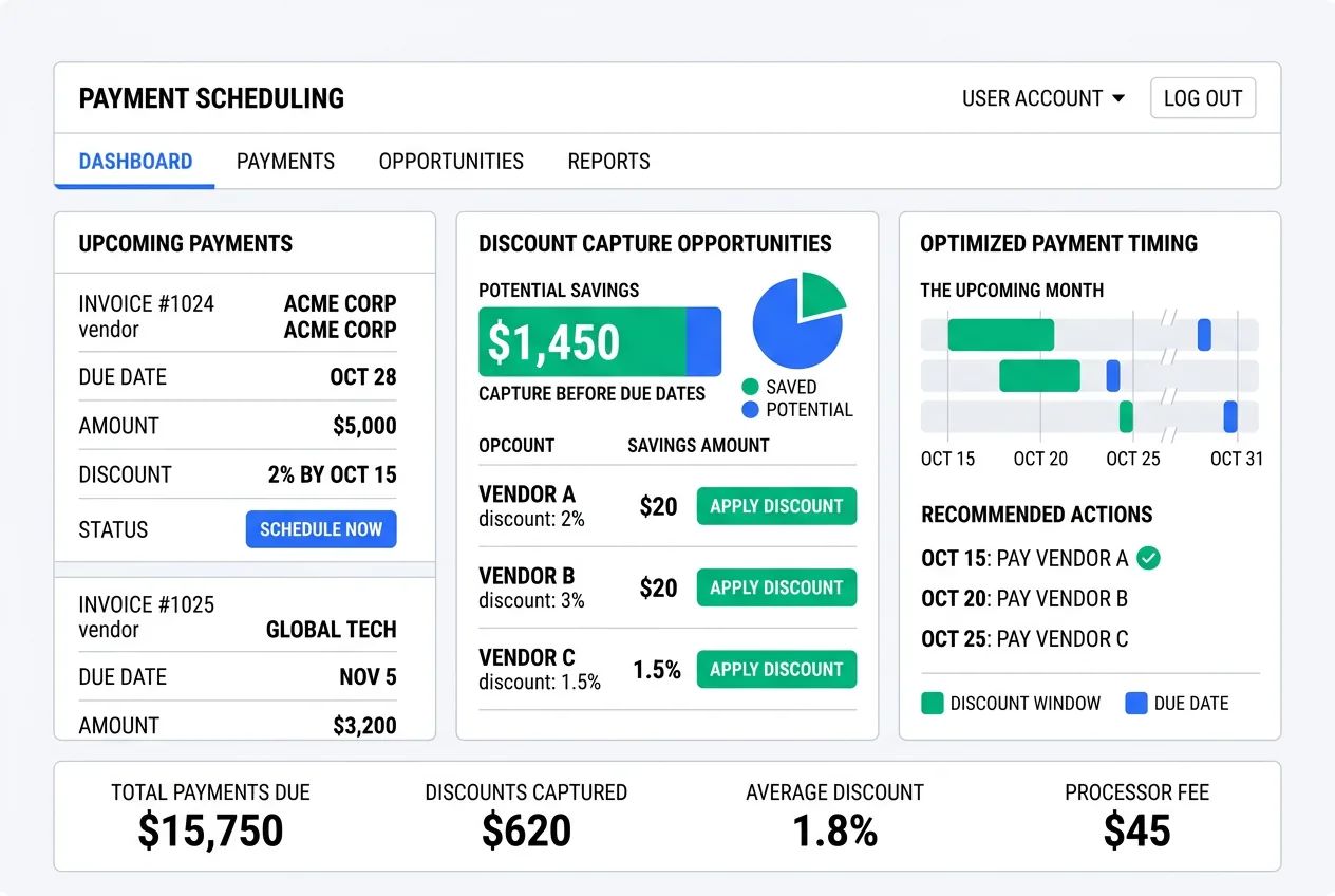 Payment scheduling dashboard showing discount capture opportunities, payment method distribution, and reconciliation status