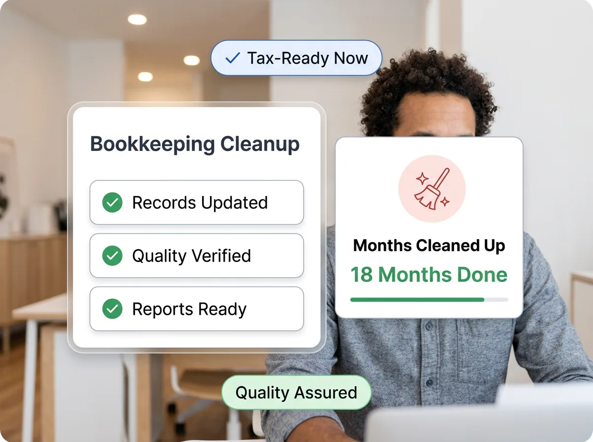 Bookkeeping cleanup workspace showing reconciled QuickBooks transactions and an open-item report