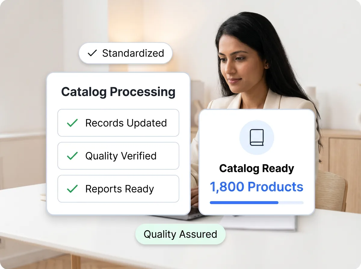 Catalog processing workflow showing print catalogs and spreadsheets being transformed into structured ecommerce product listings