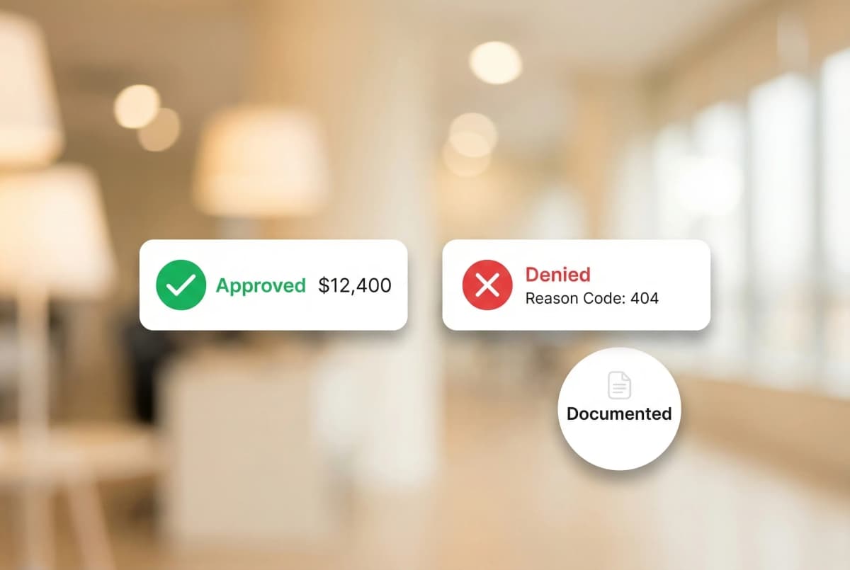 Claims payment posting and denial management dashboard showing remittance processing, denial categorization, and appeal tracking