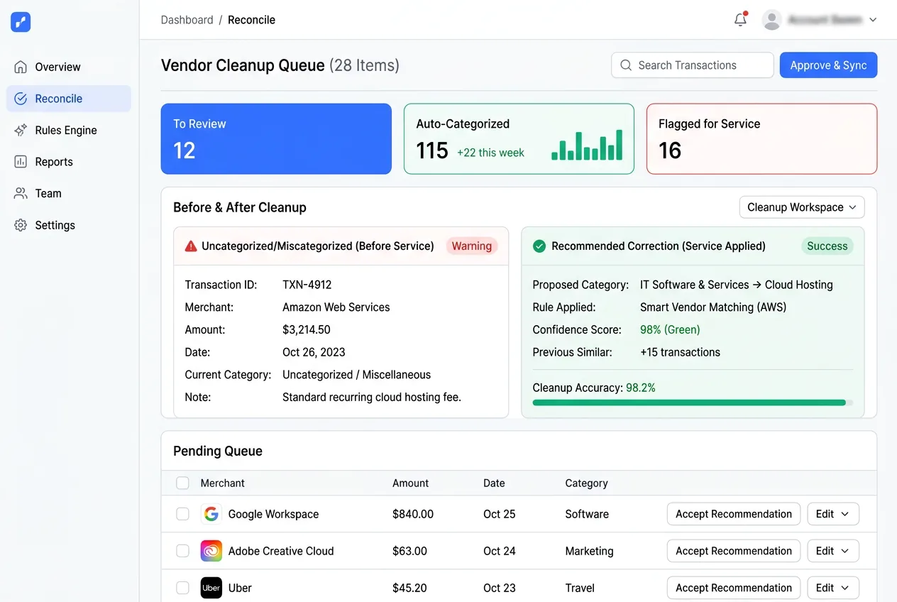 QuickBooks transaction list being reviewed for duplicate and uncategorized entries