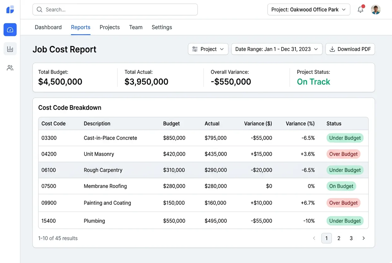 Job cost report showing budget vs actual by cost code with variance analysis for a construction project