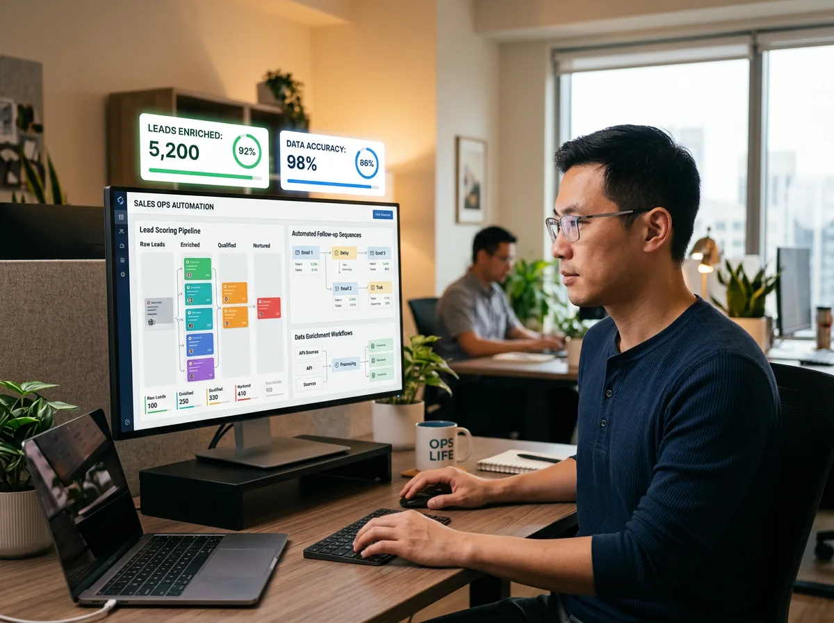 CRM automation dashboard showing automated lead scoring and data enrichment workflows