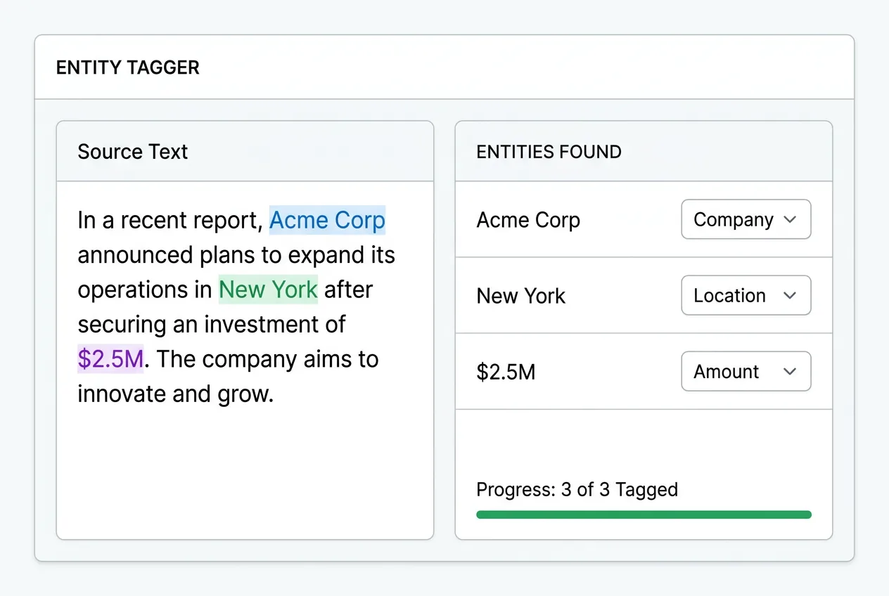 Text annotation interface showing named entities highlighted in different colors with entity type labels and relationship arrows