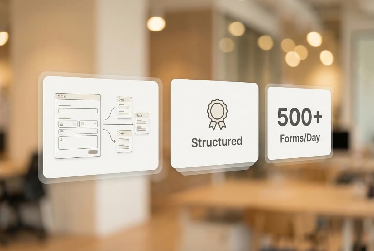 Form processing workflow showing paper application forms being scanned, OCR-processed, and validated into structured database records