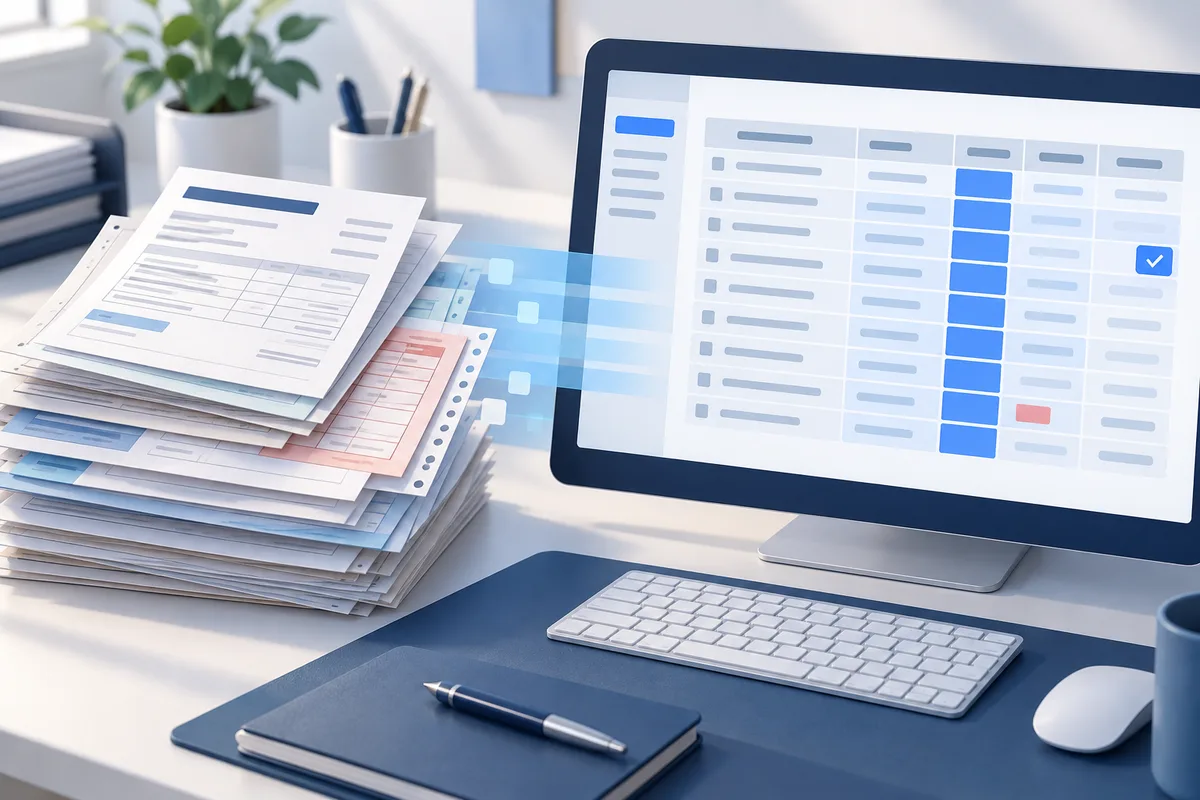Illustration of paper business records being organized into a structured digital data grid