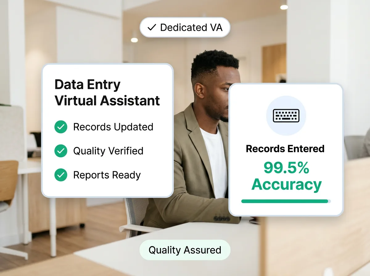 Data entry virtual assistant accurately entering records into a spreadsheet with quality validation checks on screen