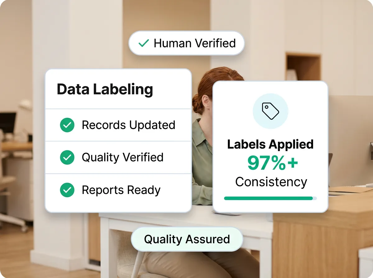 Data labeling workspace showing image classification labels, text entity tags, and audio segment markers across multiple data types