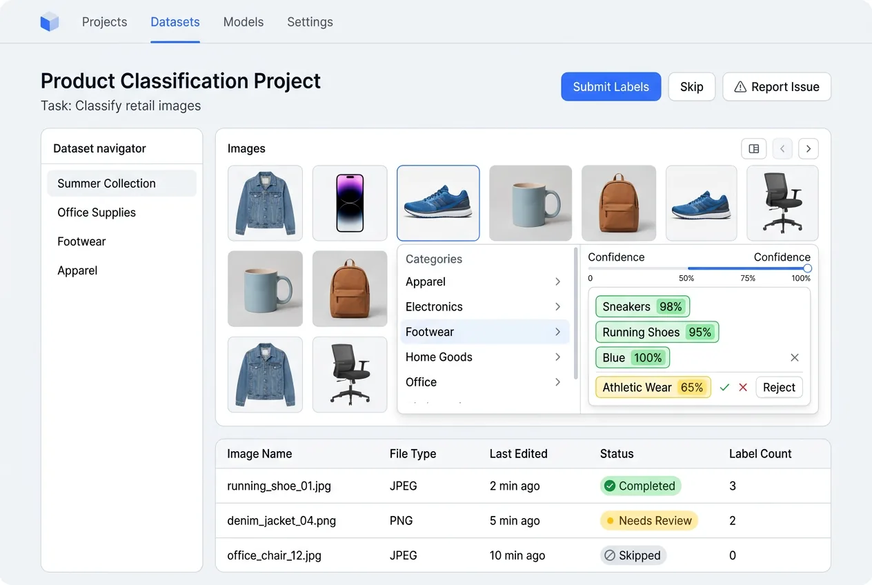 Image labeling interface showing product images being classified with category labels and confidence indicators