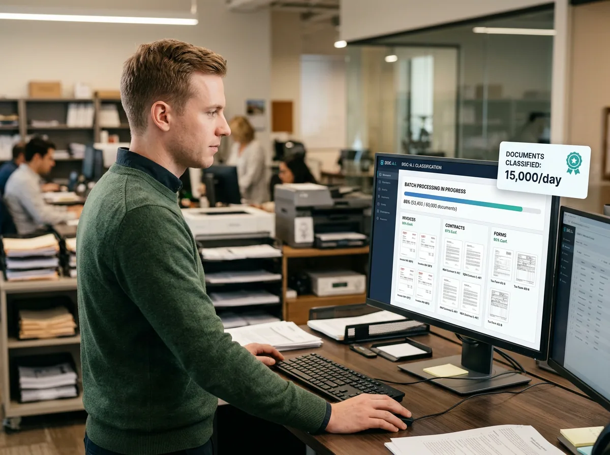AI-powered document processing pipeline showing classification, extraction, and routing stages