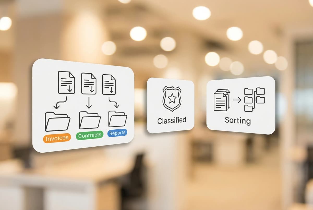 Document classification dashboard showing incoming files being automatically sorted into categories with confidence scores