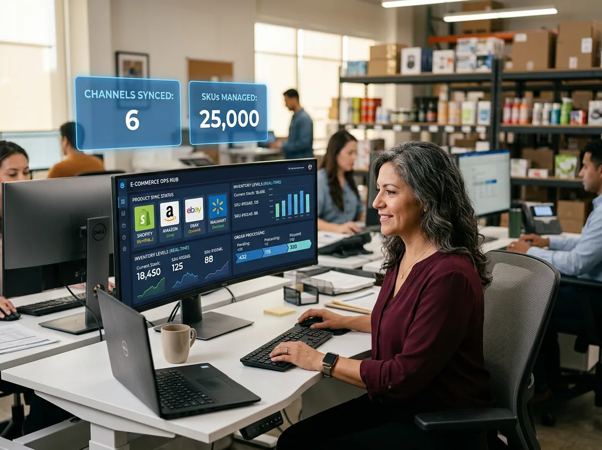 E-commerce automation dashboard showing multi-channel inventory sync and order processing workflows