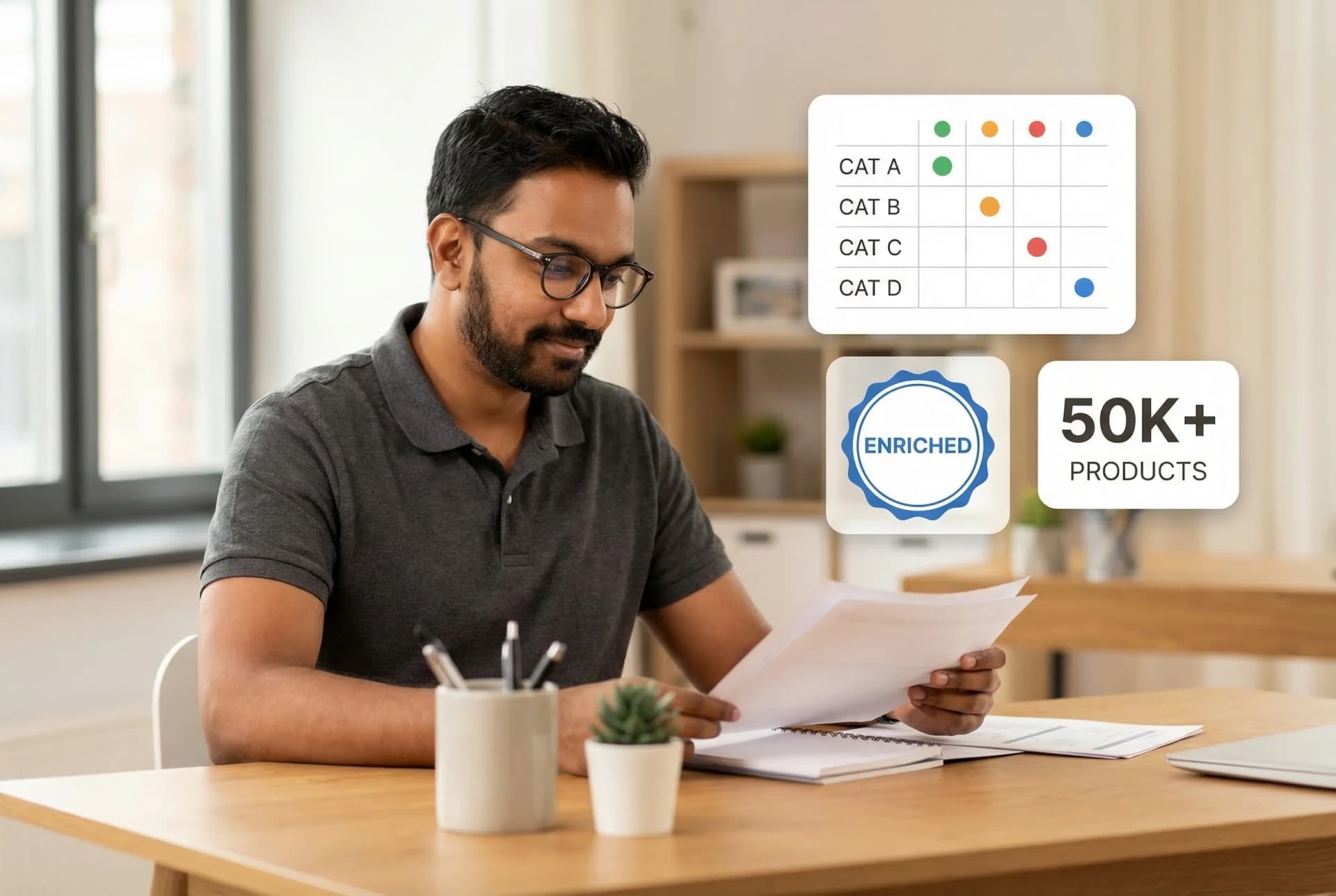 E-commerce catalog management dashboard showing multi-channel product sync across Shopify, Amazon, eBay, and WooCommerce with centralized data control