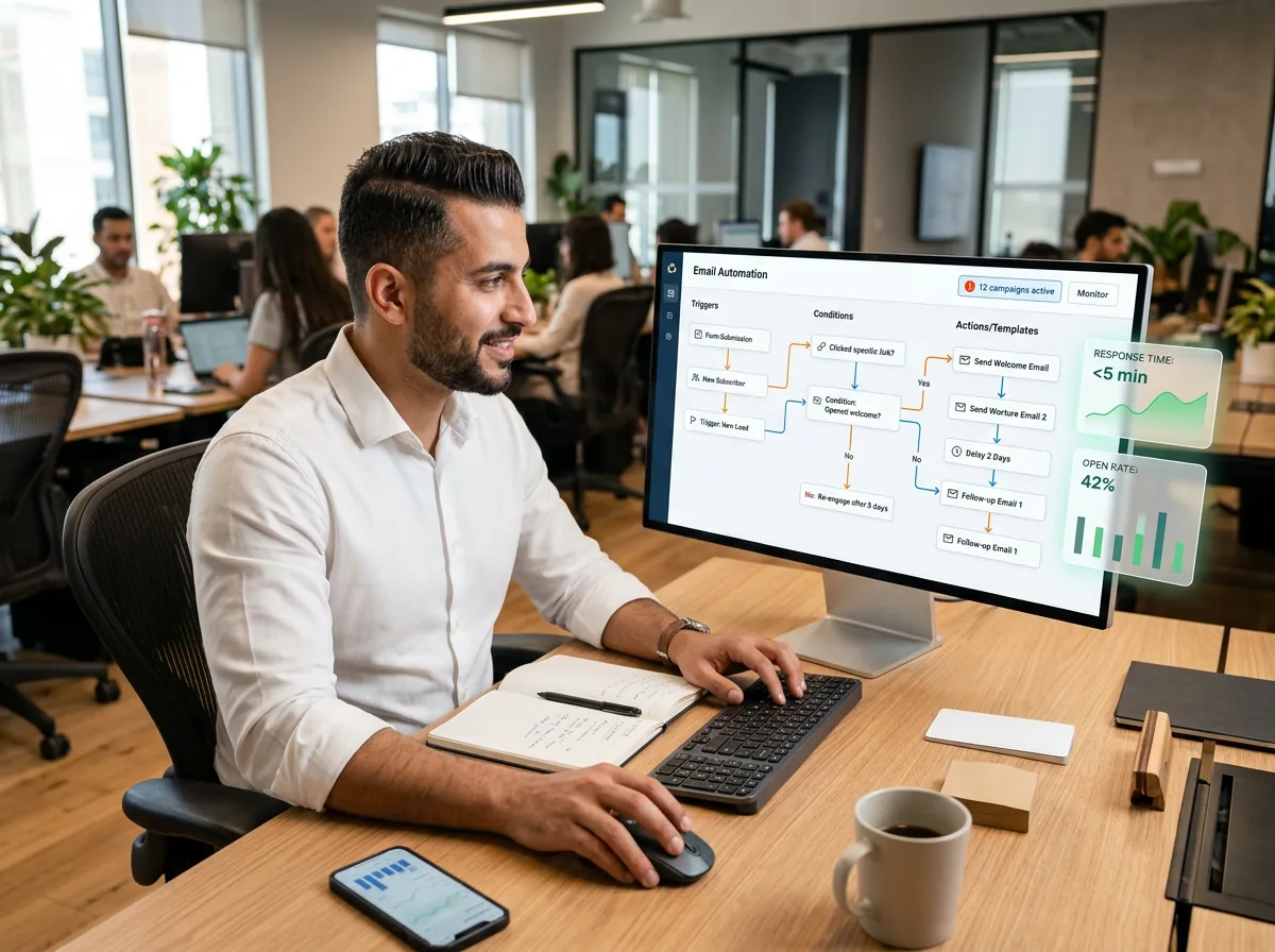 Email automation workflow showing intelligent routing and automated response sequences