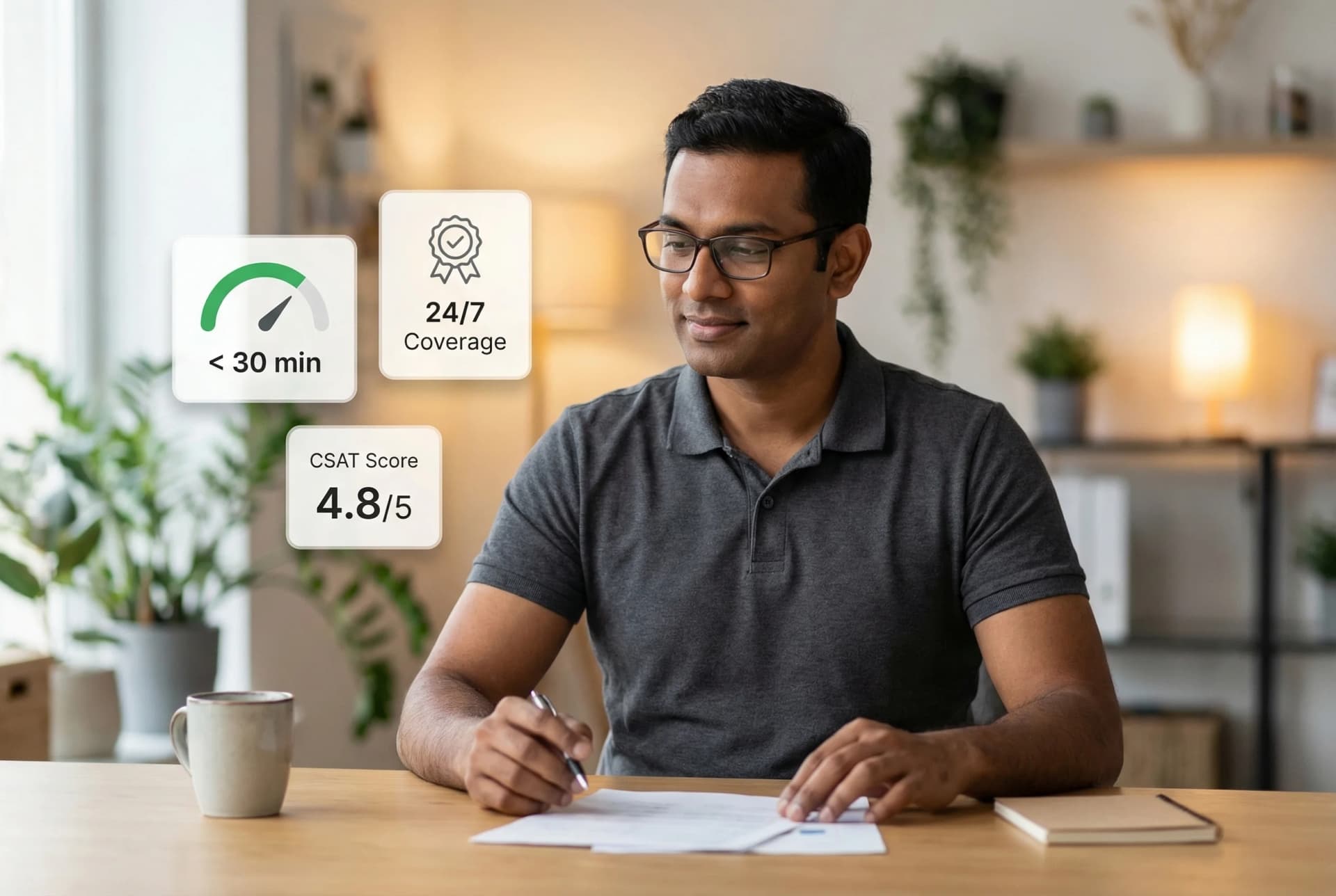 Customer support agent managing live chat conversations and email tickets across multiple screens with real-time response metrics