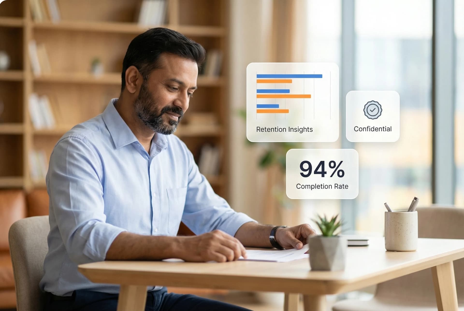 HR professional conducting a confidential exit interview with turnover analytics dashboard and feedback reports in the background