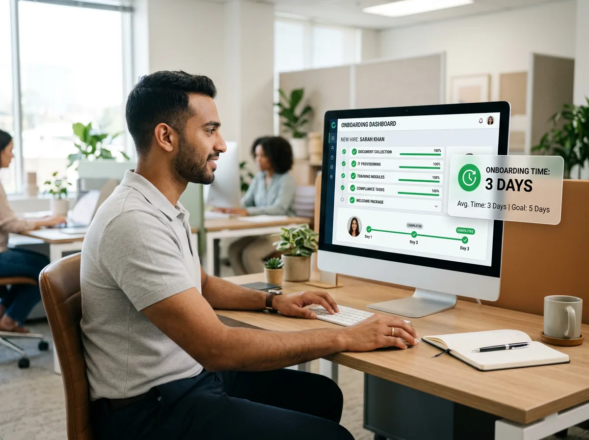 HR onboarding automation workflow showing document collection, system provisioning, and compliance verification steps