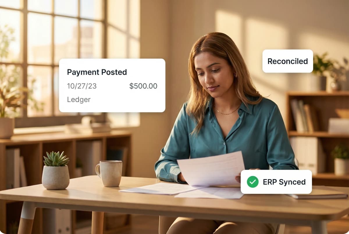 ERP payment posting screen showing approved invoices being batched for payment with GL coding and cost center allocation