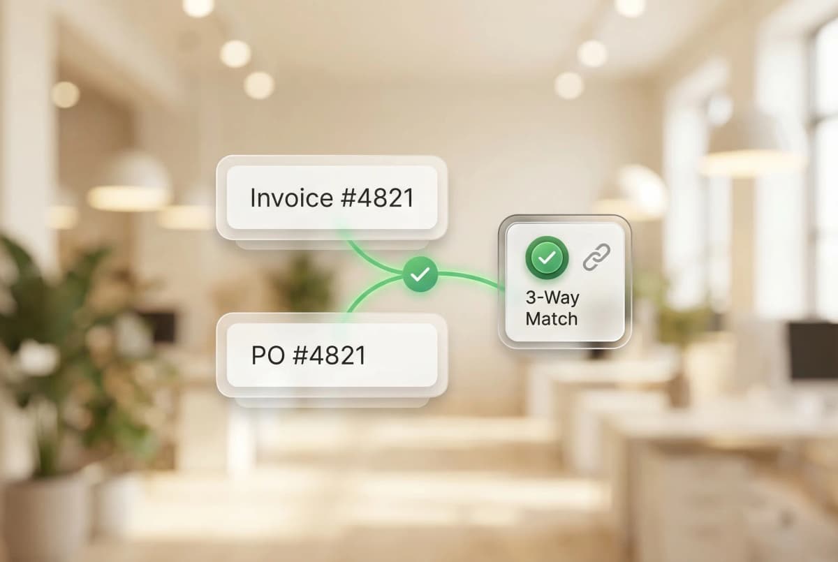 Three-way matching dashboard showing invoice, purchase order, and goods receipt comparison with automated discrepancy flagging