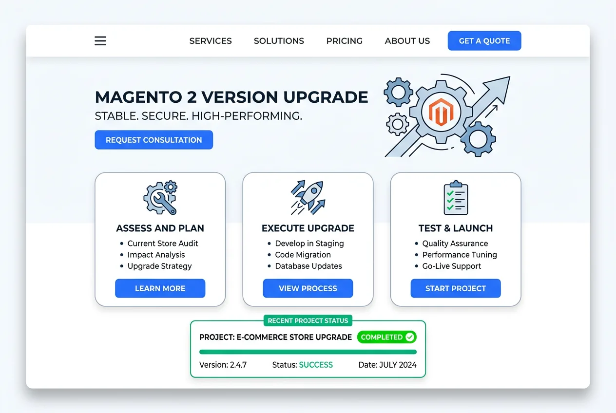 Magento 2 version upgrade process showing staging environment testing, extension compatibility checks, and production deployment steps