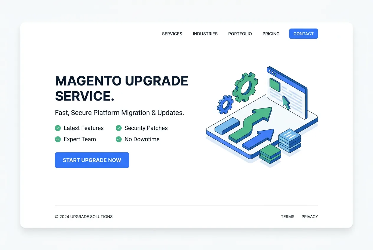 Magento version upgrade dashboard showing migration progress from legacy version to latest Magento release with data integrity checks