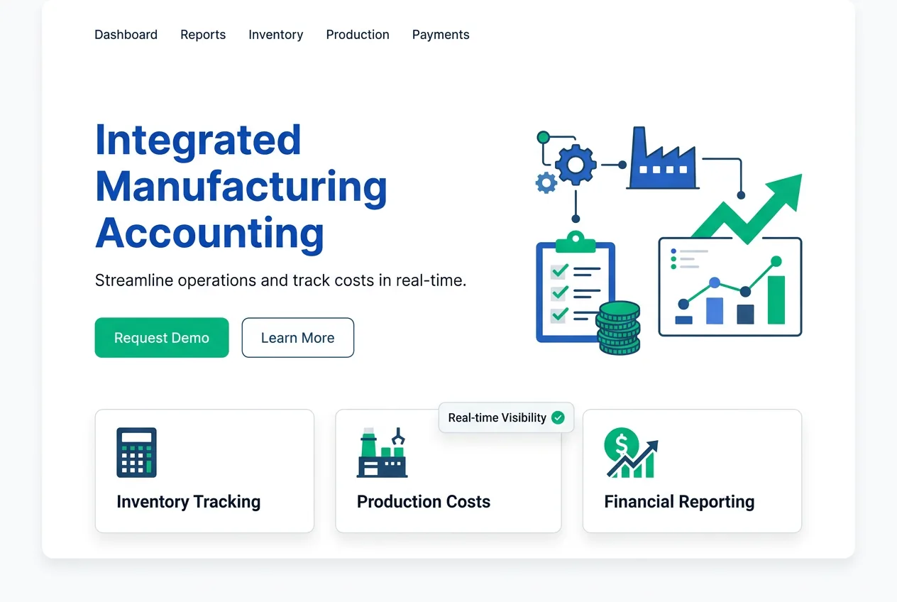 Manufacturing cost accounting dashboard showing COGS breakdown, inventory valuation, and production cost variance analysis