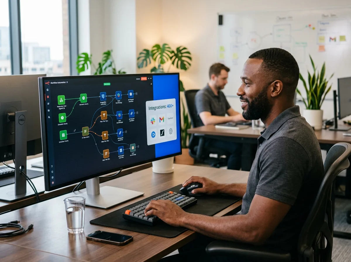 n8n workflow automation dashboard showing connected nodes for data sync and process orchestration