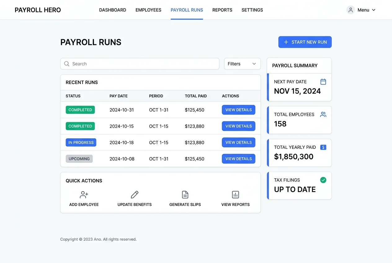 Payroll processing dashboard showing employee pay runs, tax calculations, and multi-state compliance status
