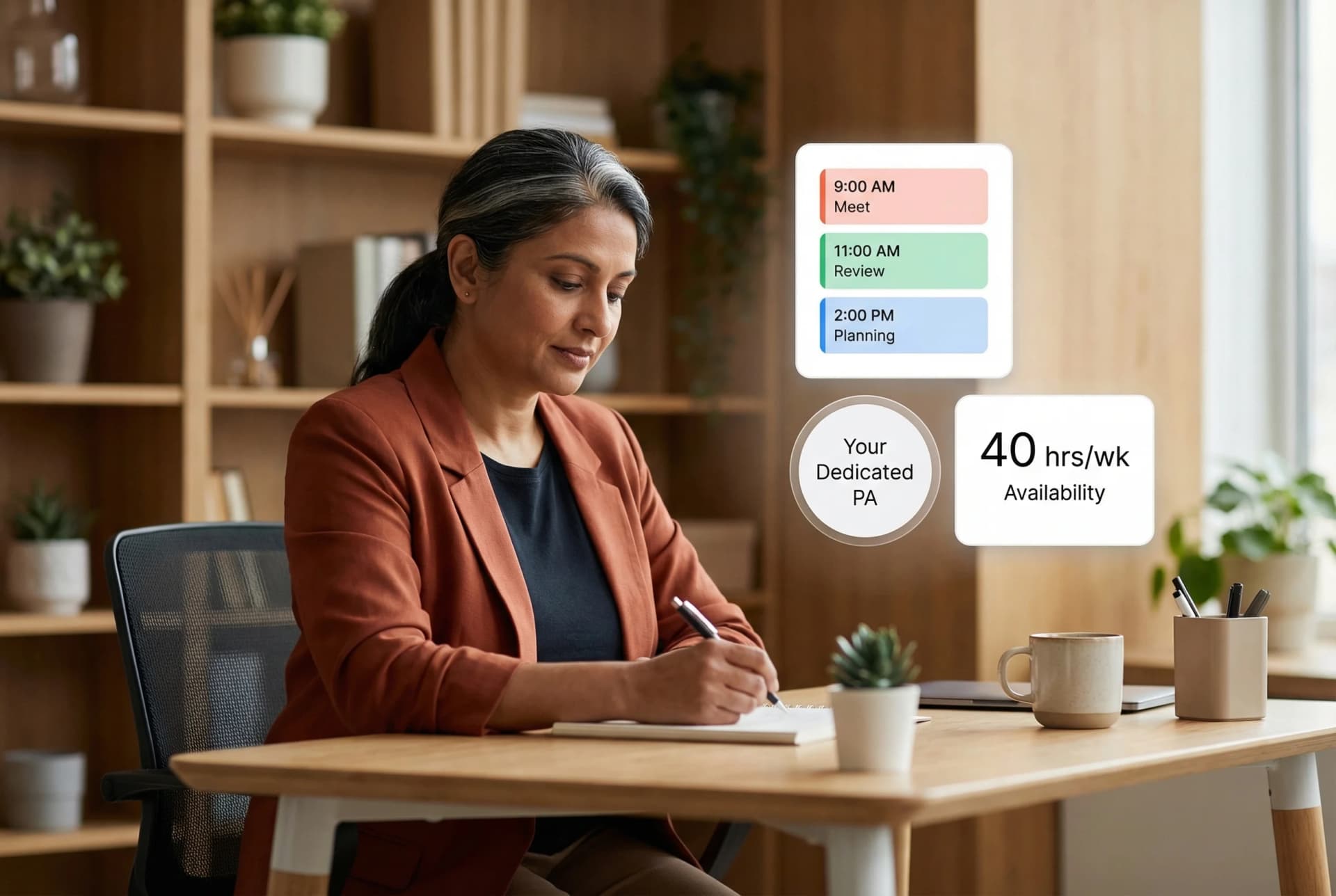 Personal virtual assistant coordinating travel itineraries, calendar scheduling, and task management on a modern workspace