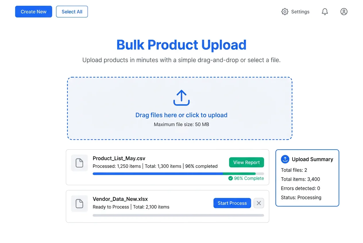 Product records prepared for a Magento data upload workflow
