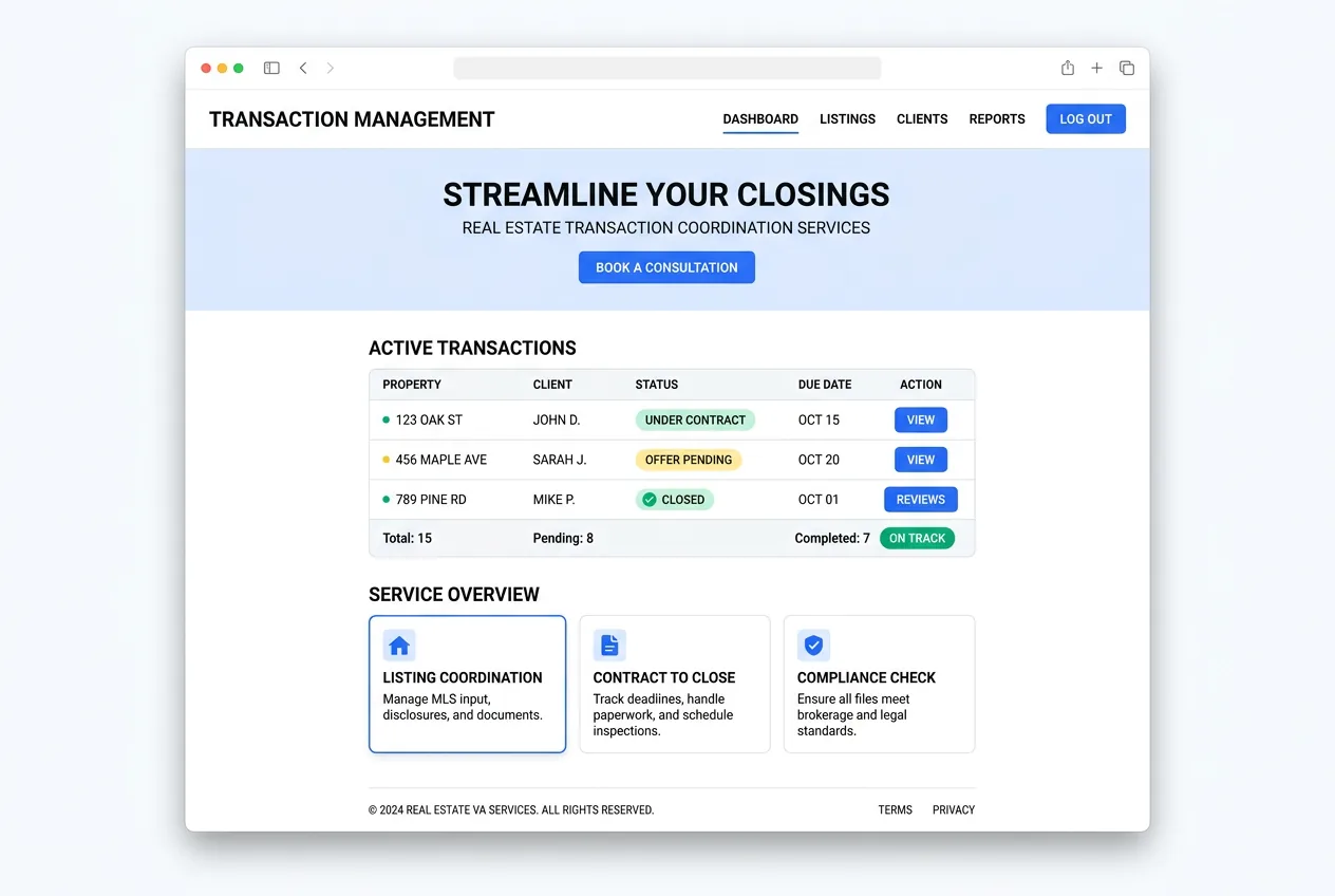 Transaction coordination dashboard showing deal milestones, document status, and closing timeline for multiple properties