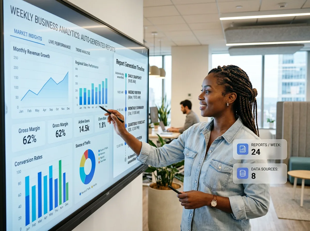 Automated report generation dashboard showing scheduled reports and data aggregation from multiple sources