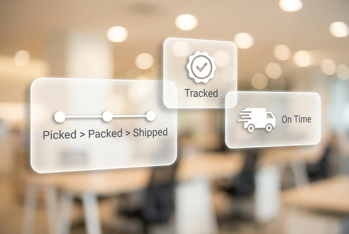 Fulfillment coordination dashboard showing warehouse routing, pick list generation, and shipment tracking status