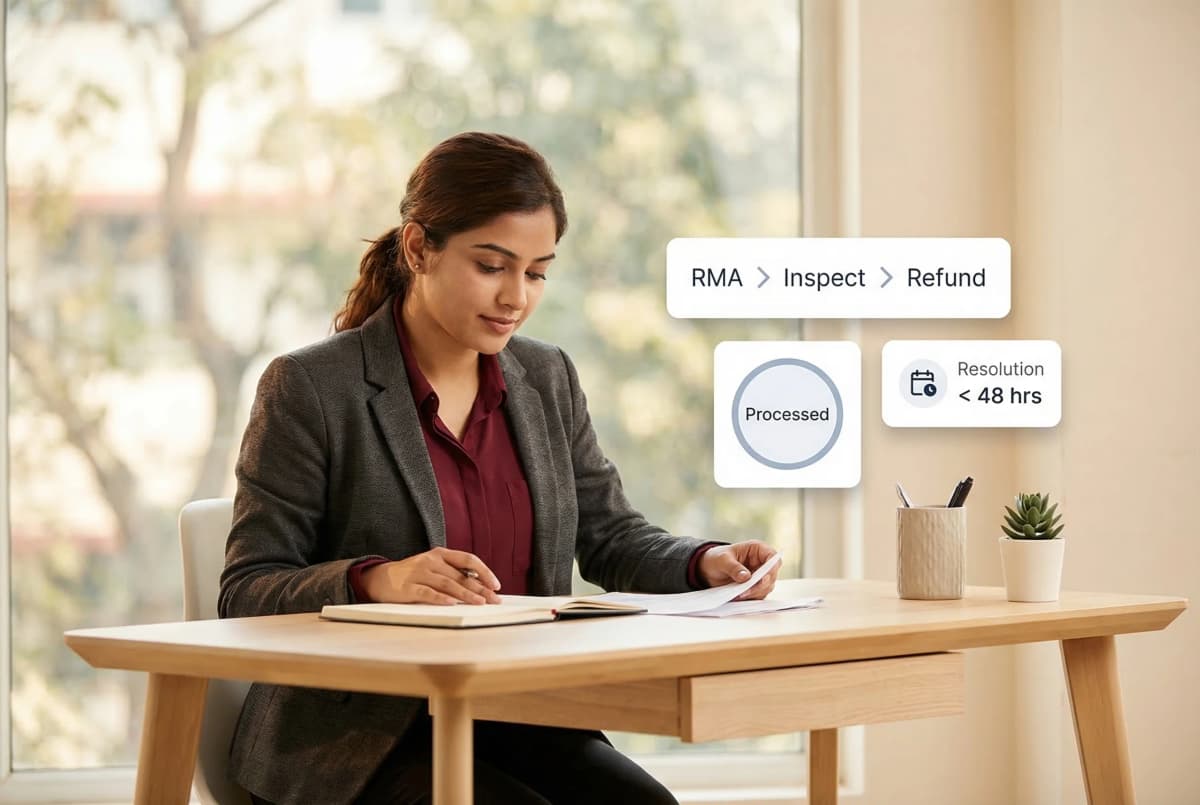 Returns processing workflow showing RMA creation, inventory update, refund initiation, and customer communication