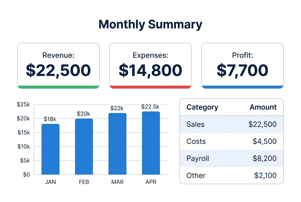 Monthly P&L statement and balance sheet prepared for small business owner review