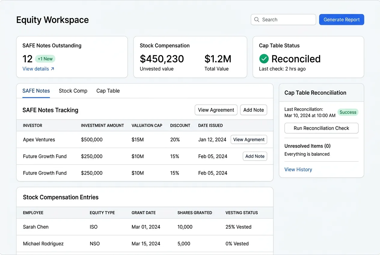 Equity accounting workspace showing SAFE note tracking, stock compensation entries, and cap table reconciliation
