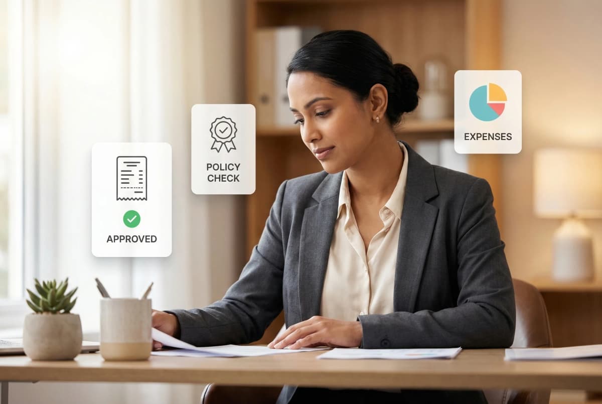 Expense report processing showing receipt matching, policy compliance checks, and GL categorization