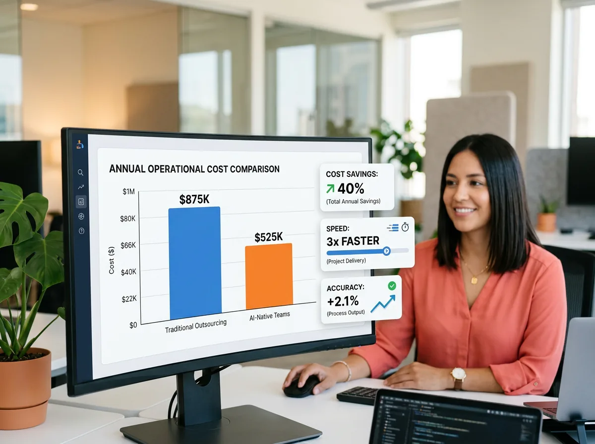 Cost comparison chart showing traditional outsourcing vs AI-native outsourcing savings and accuracy improvements