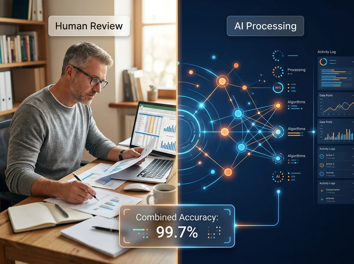 Hybrid human and AI operations model showing AI handling pattern-based work and humans handling judgment calls