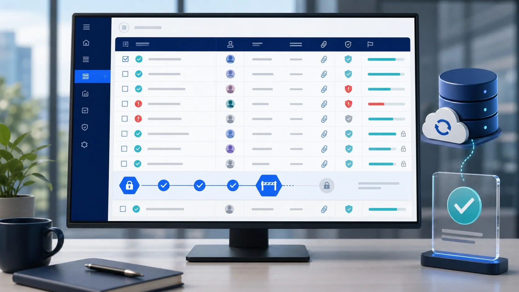 Data migration checklist register showing owners, evidence attachments, blockers, backup and cutover approval status