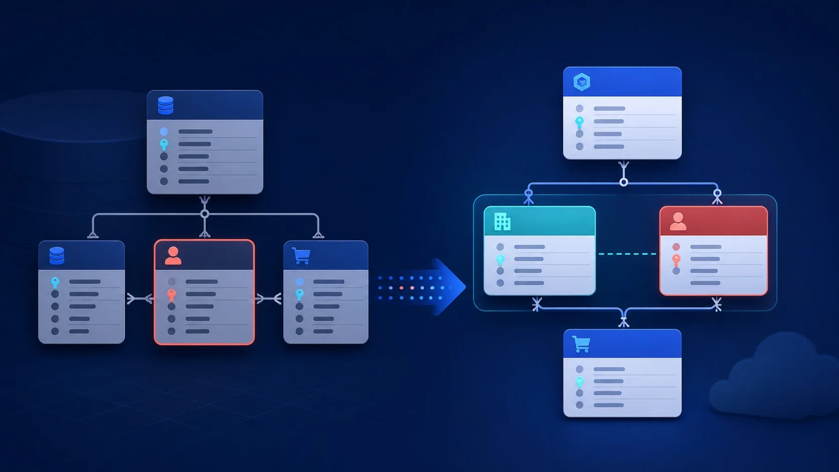Database schema mapping showing a customer entity split into account and contact while order relationships remain connected