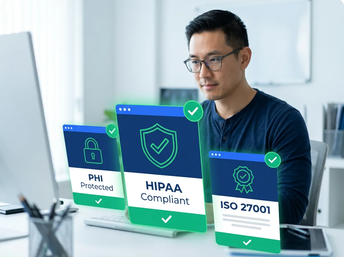 HIPAA-aware healthcare data security with ISO 27001 certified operations and encrypted transfers