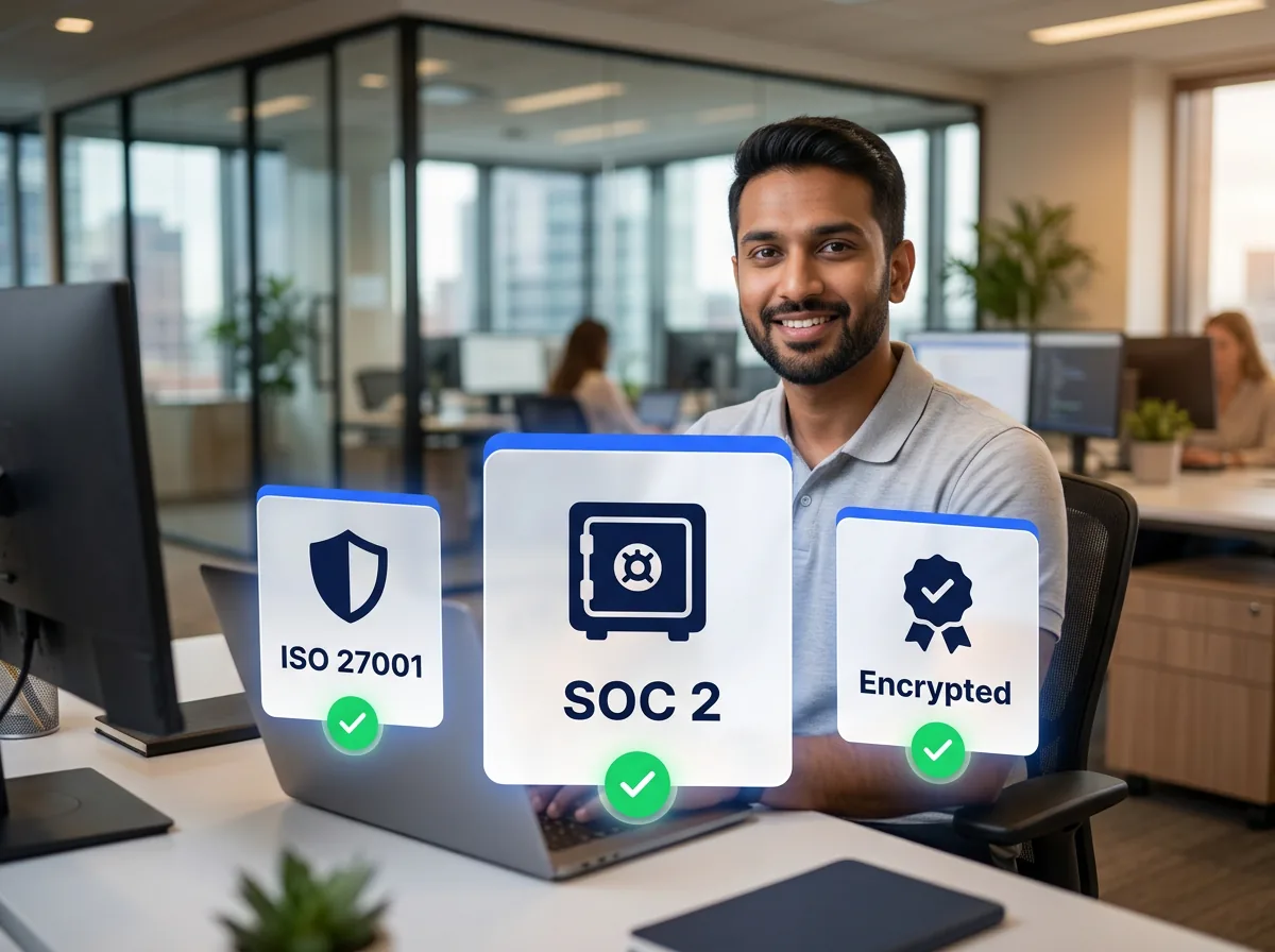 ISO 27001 certified legal data security with encrypted transfers and NDA-protected team members