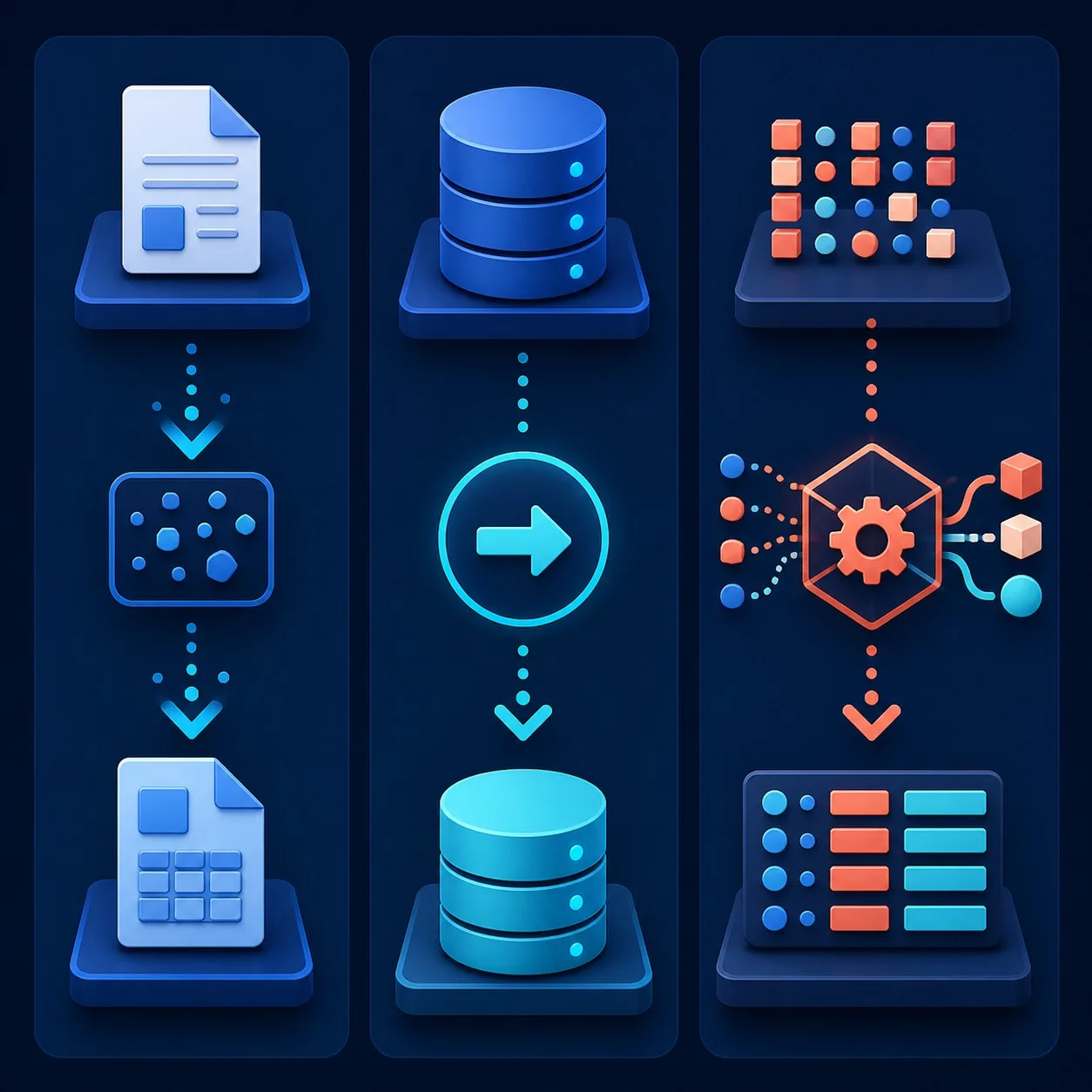 Three visual paths comparing format conversion, system migration and structural data transformation