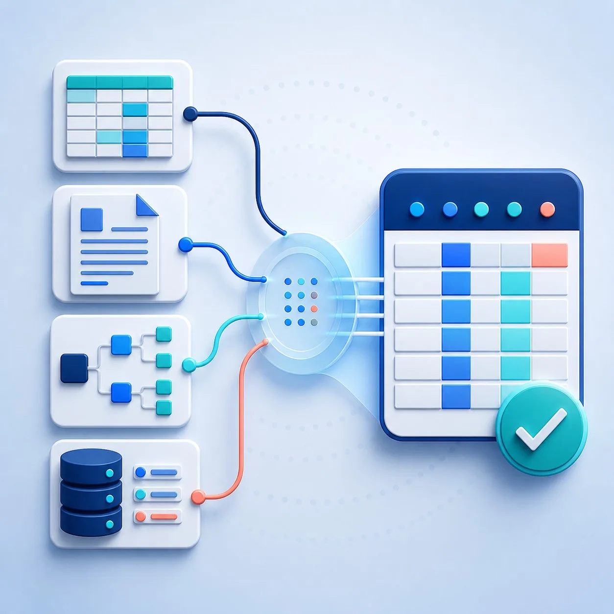 Spreadsheet, document, structured data and database sources converging into one validated target format